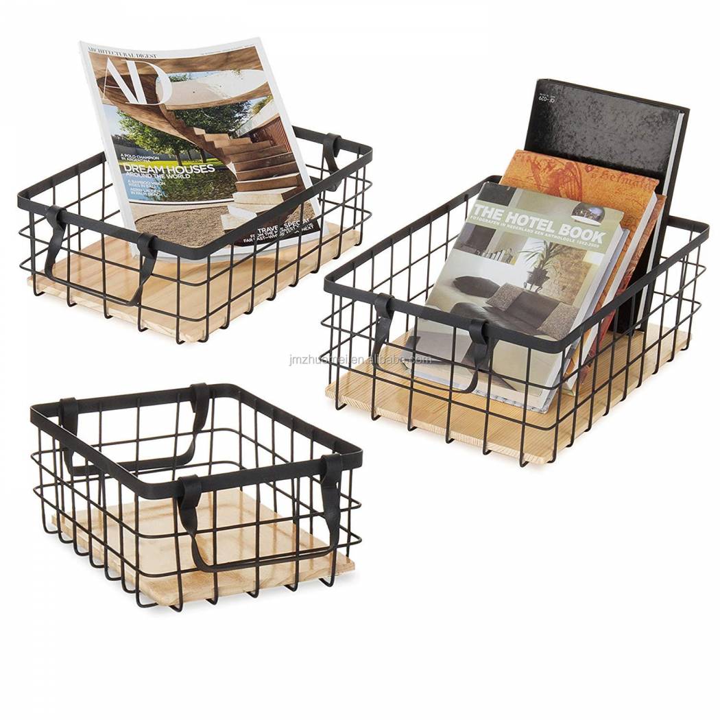 Hot Sale Removable Wood Inserts Metal Black Wire Nesting Storage Baskets In Kitchen