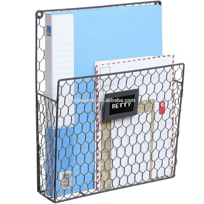 Chicken Wire Wall-Mounted Metal Magazine Organizer Basket Rack w/Chalkboard Label